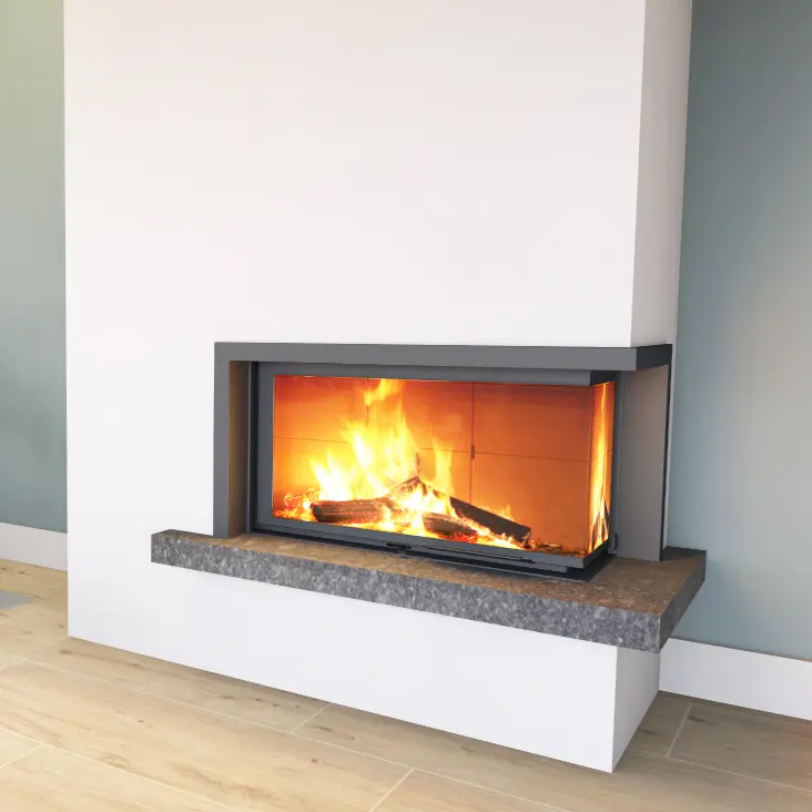 Cheminée d'angle moderne : Insert à bois design chaleureux Cheminée d'angle moderne encastrée avec feu de bois, socle en pierre grise et mur blanc minimaliste.