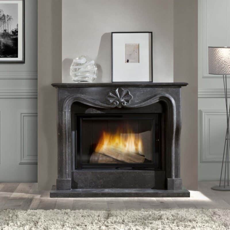 Cheminée Classique en Marbre Noir et Insert à Bois Moderne Cheminée en marbre noir sculpté avec insert moderne, feu de bois, sur tapis blanc dans un salon élégant.