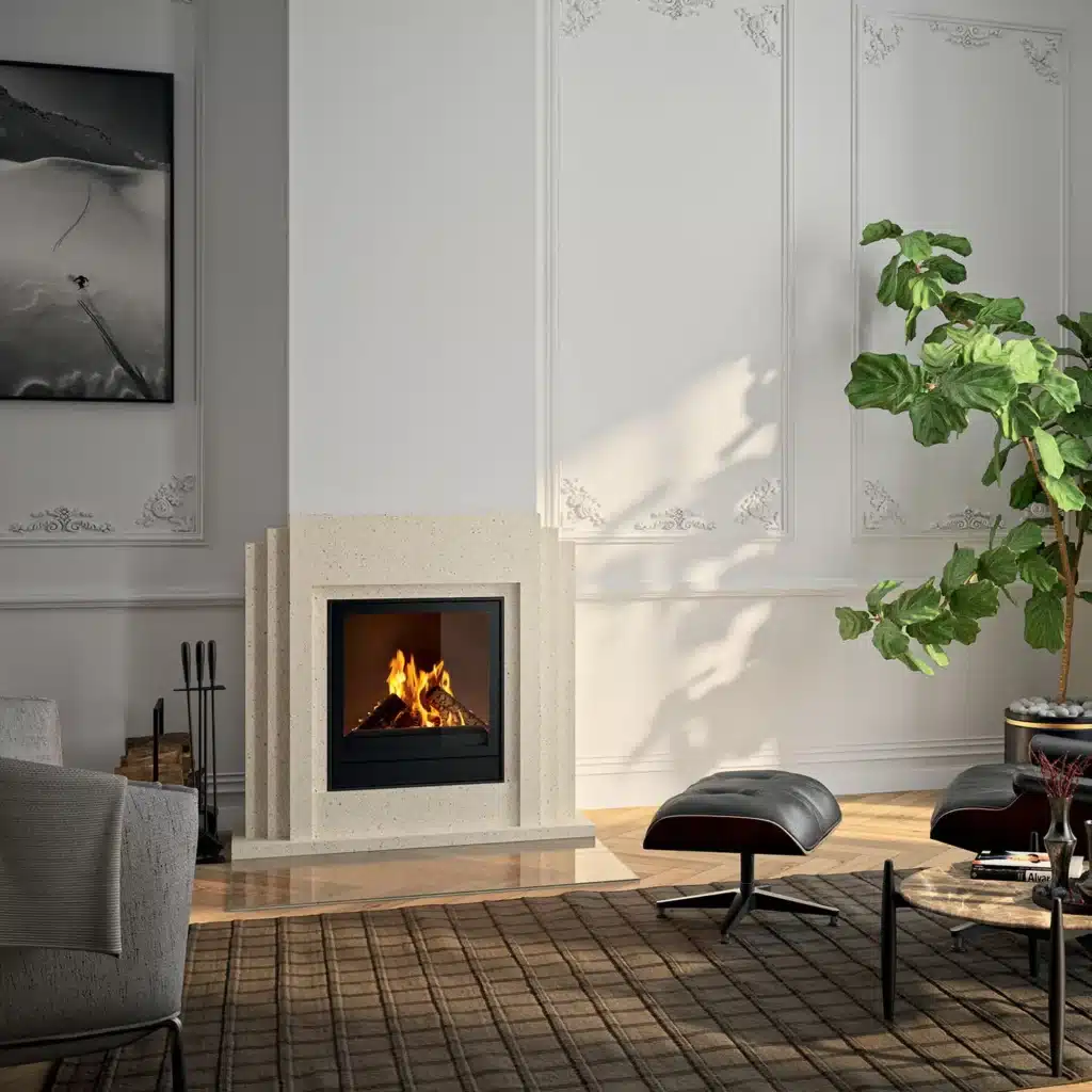 Décoration de salon avec cheminée contemporaine en pierre Cheminée moderne en pierre blanche avec feu de bois dans un salon élégant aux murs moulurés et fauteuils design.