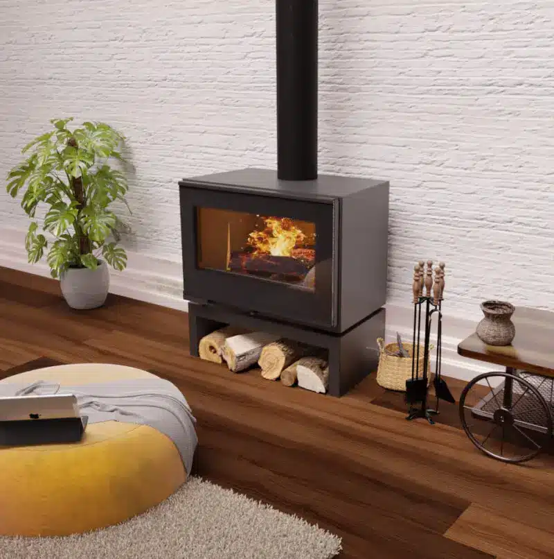 Poêle à Bois Moderne : Confort et Design pour votre Salon Poêle à bois moderne dans un salon chaleureux avec mur en briques blanches et décoration scandinave.