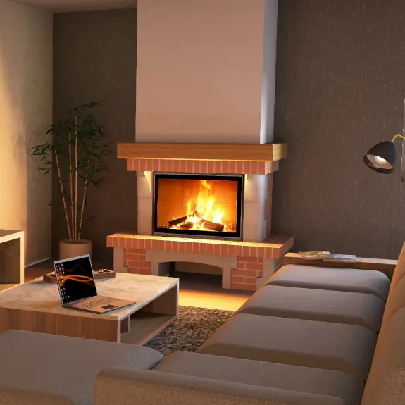 Salon moderne chaleureux avec cheminée et canapé gris Salon chaleureux avec cheminée allumée, canapé gris moderne, table basse en marbre et ambiance cocooning.